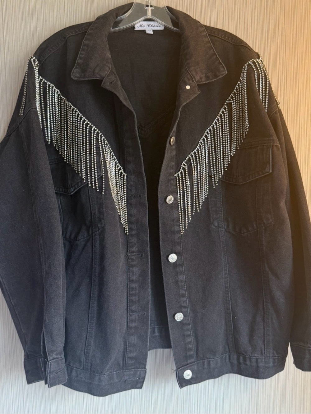 Ma Cherie Fringed Reinstone Black Denim Jacket size L